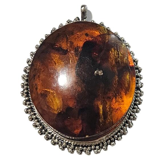 Vintage Huge Round Amber in Silver Tone Metal Pendant on Black Ribbon Necklace - Picture 1 of 7